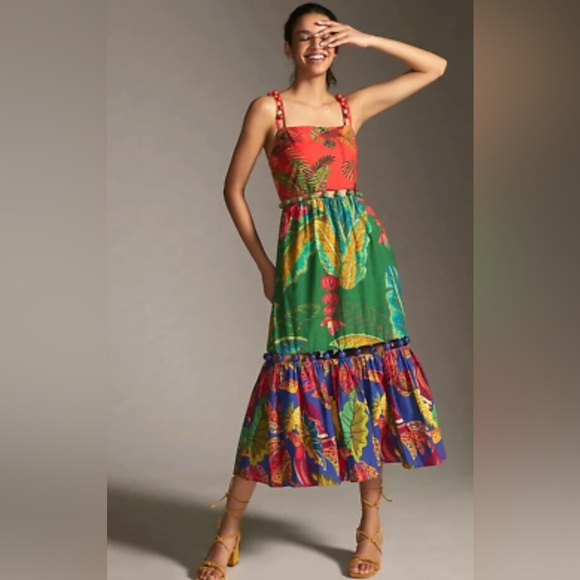 H&M Floral Purple Yellow Orange Print Maxi Tiered Dress Smocked Top Tropical - Picture 10 of 11